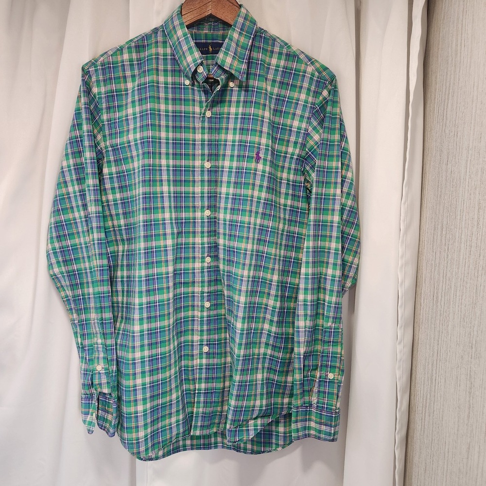 Ralph Lauren‎ Shirt Men Medium Green Purple Plaid Button Up Purple Pony Logo